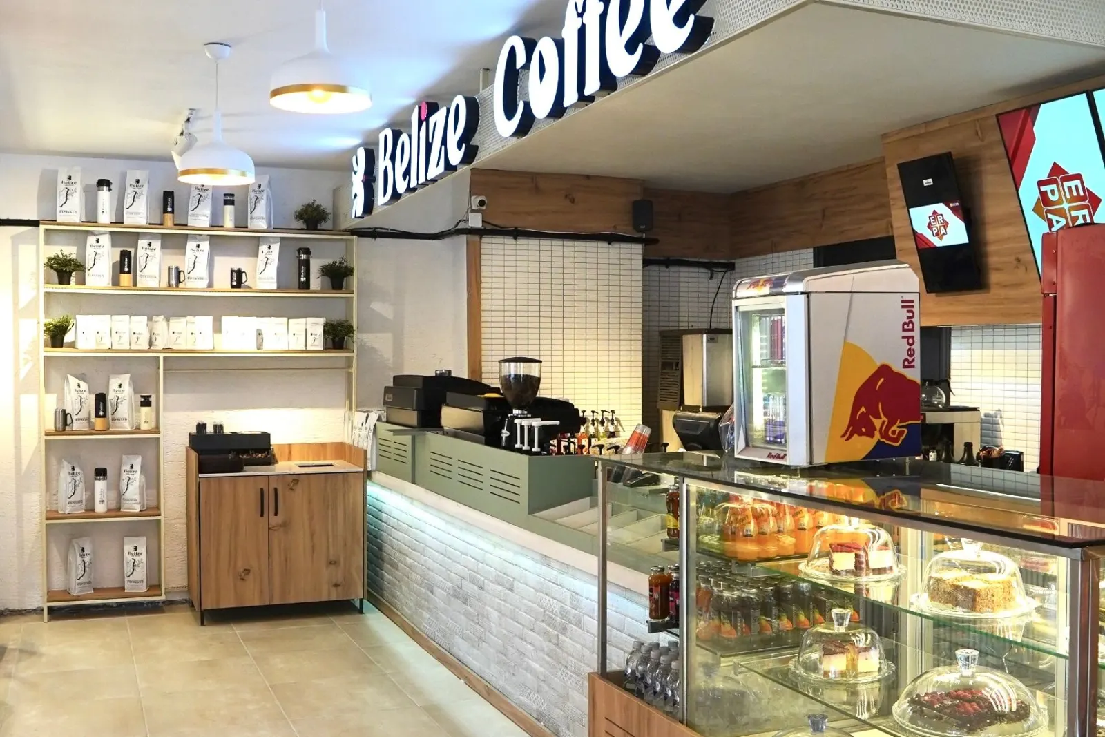 A shop interior fitted out with timber counters and shelving