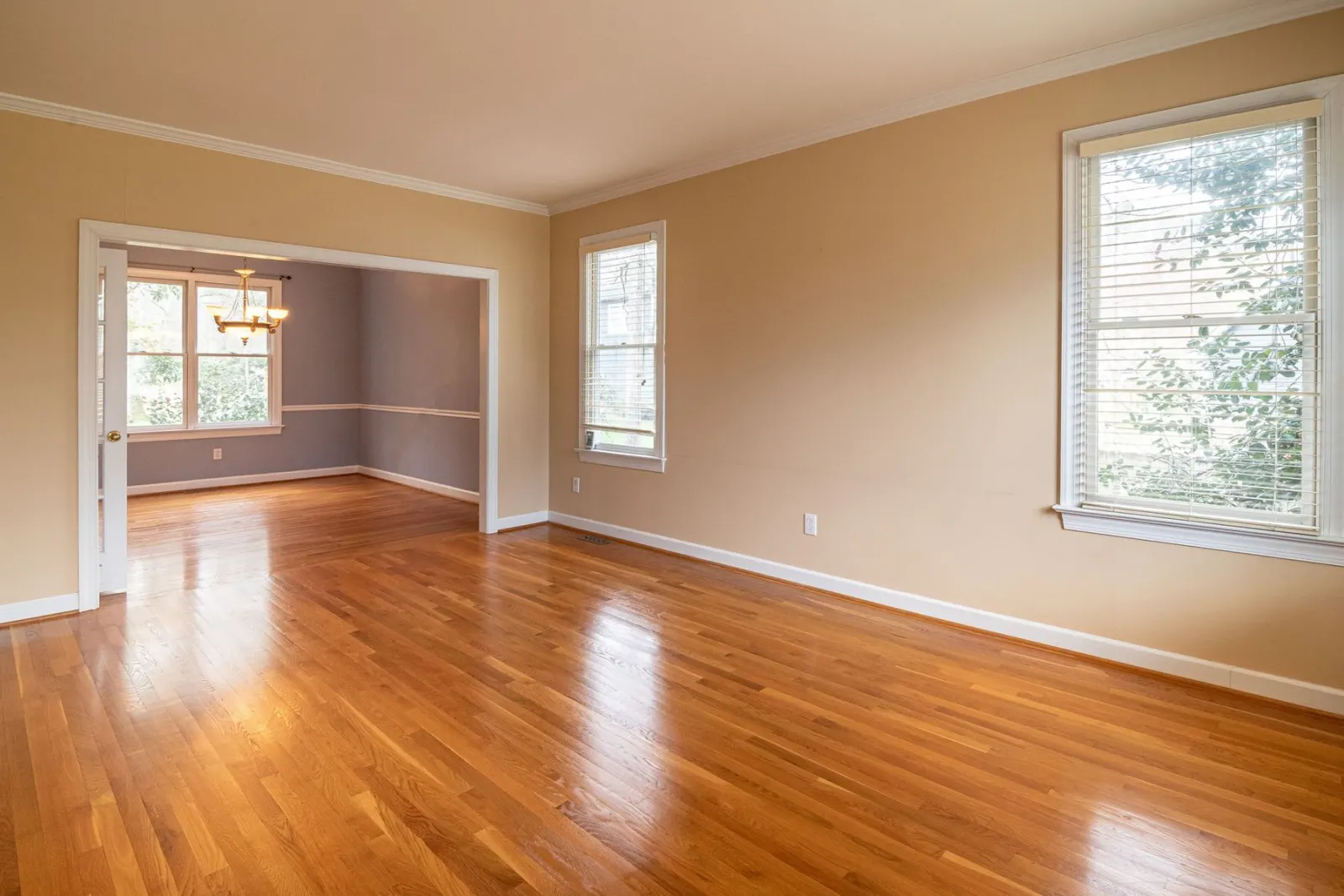 A room with solid timber floorboards running the length of it